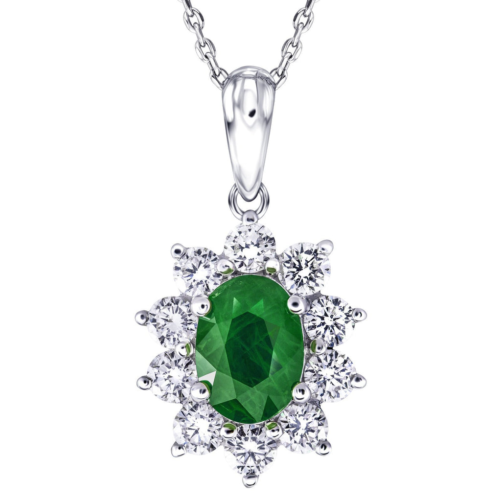 Emerald 0.45ct & 0.30ct G/SI Diamond Necklace in 18k White Gold - All Diamond