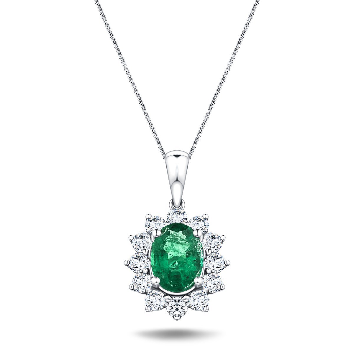 Emerald 1.00ct & 0.60ct G/SI Diamond Necklace in 18k White Gold - All Diamond