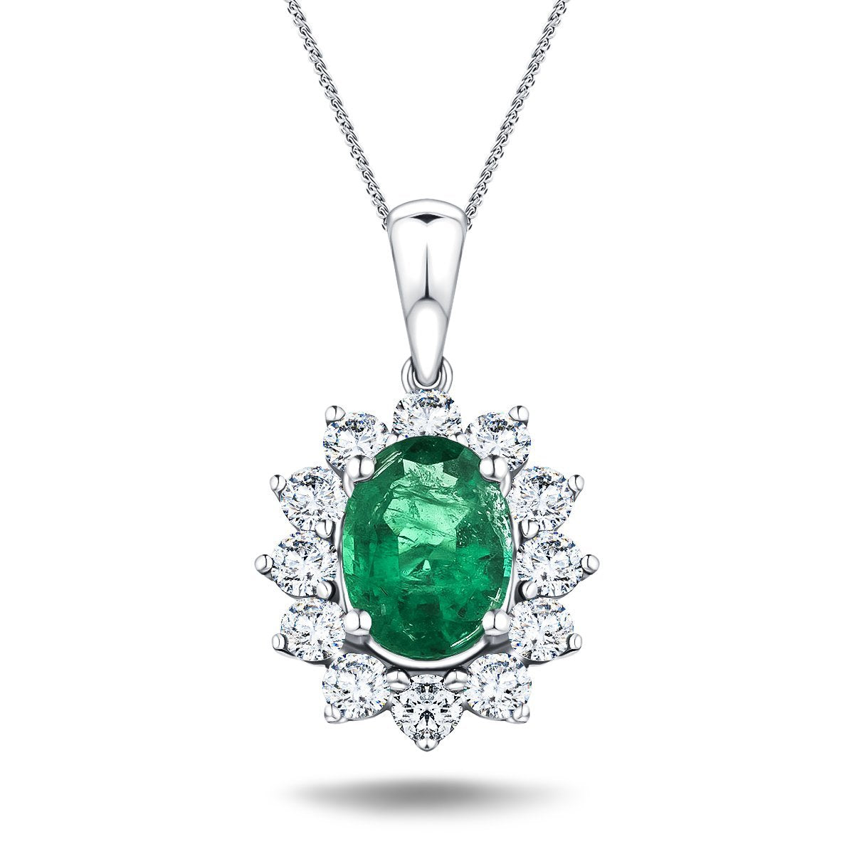 Emerald 1.00ct & 0.60ct G/SI Diamond Necklace in 18k White Gold - All Diamond