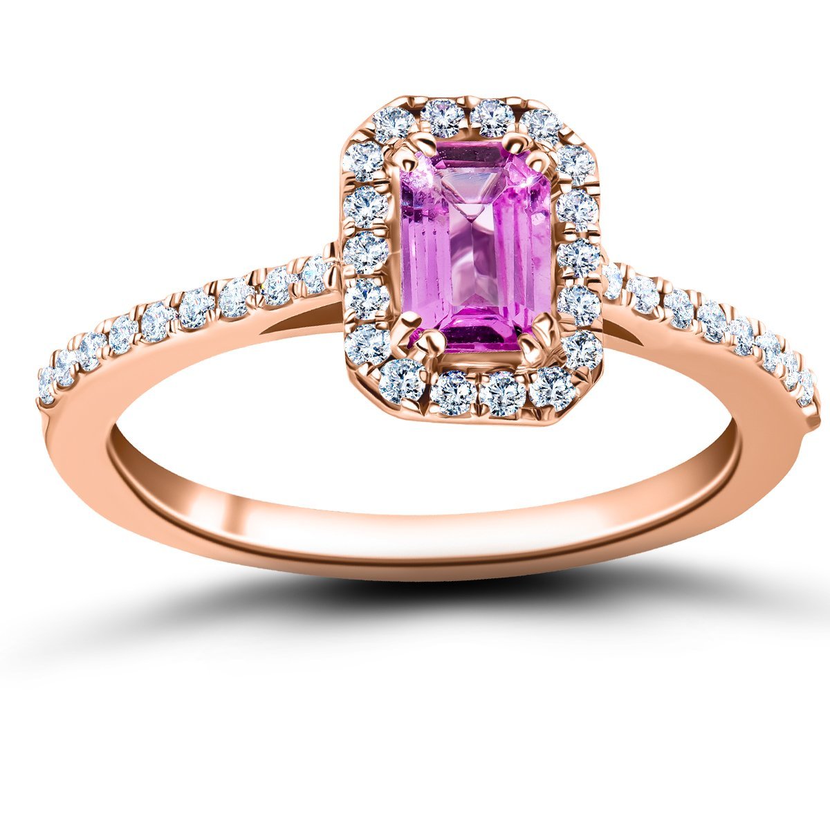 Emerald Pink Sapphire & Diamond 0.90ct Halo Ring in 18k Rose Gold - All Diamond