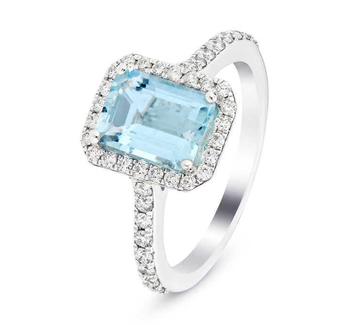 Halo Aquamarine 1.31ct and Diamond 0.38ct Ring in 18K White Gold