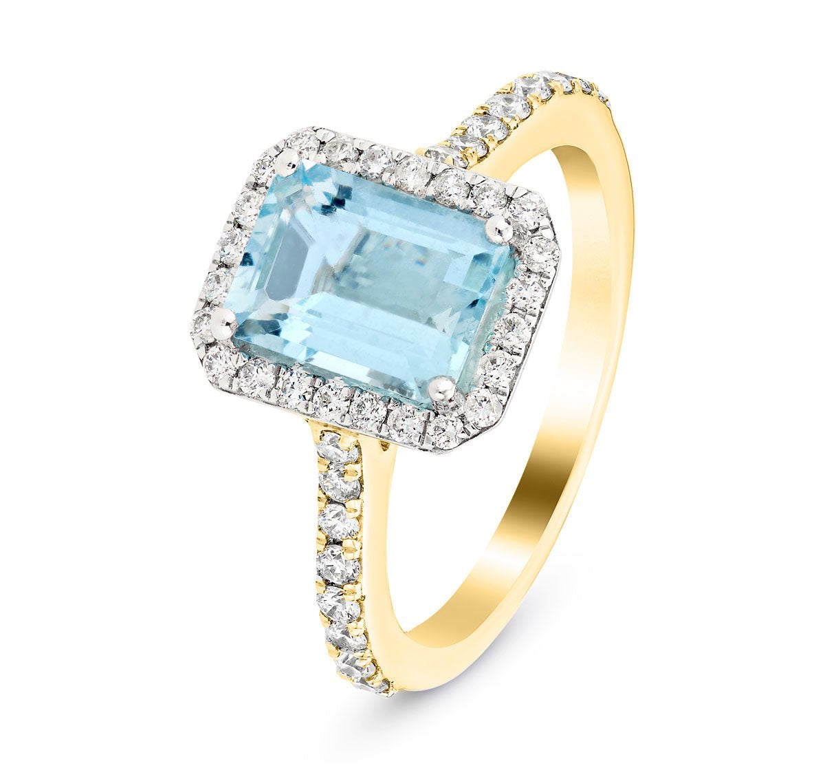 Halo Aquamarine 1.31ct and Diamond 0.38ct Ring in 18K Yellow Gold - All Diamond