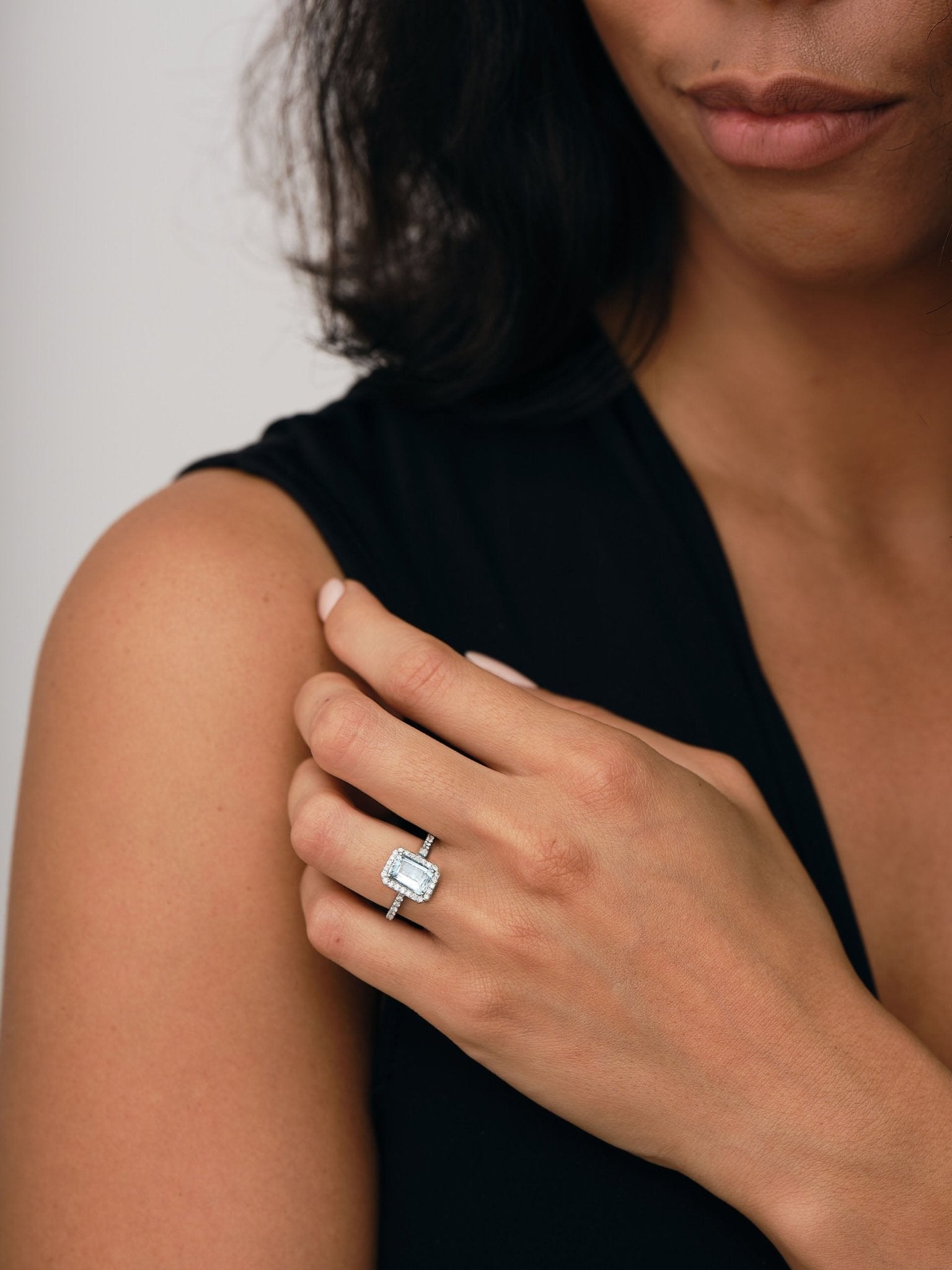 Halo Aquamarine 1.31ct and Diamond 0.38ct Ring in Platinum - All Diamond