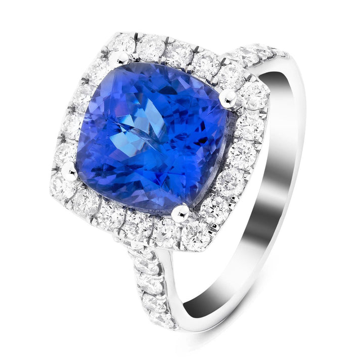Halo Cushion Tanzanite 5.37ct and Diamond 1.00ct Ring in 18K White Gold