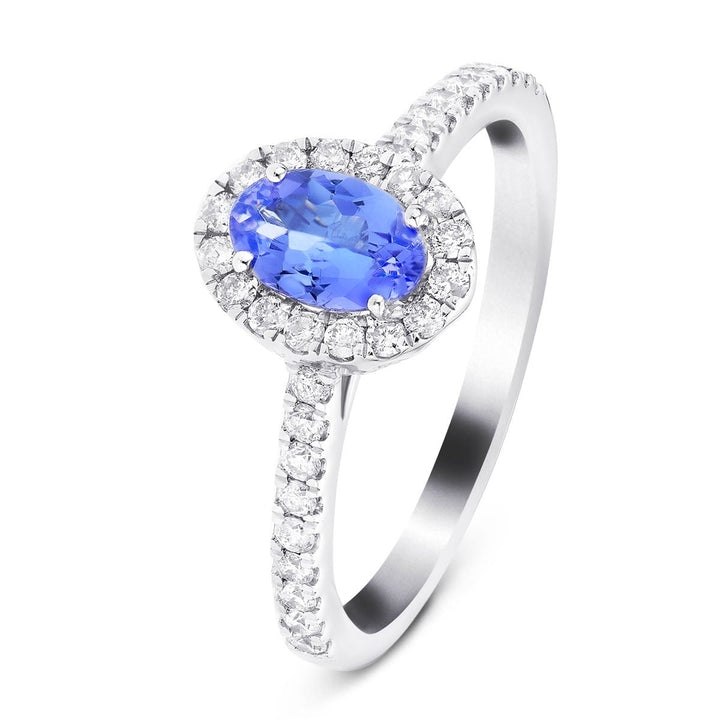 Halo Oval Tanzanite 0.47ct and Diamond 0.27ct Ring in Platinum