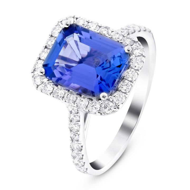 Halo Tanzanite 4.86ct and Diamond 0.53ct Ring in Platinum