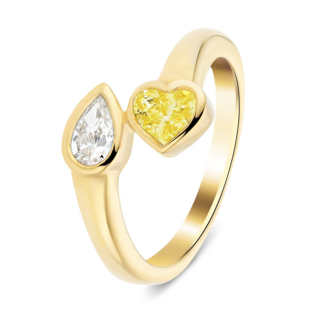 Heart and Pear 0.70ct Yellow Diamond Two Stone Ring 18k Yellow Gold - All Diamond