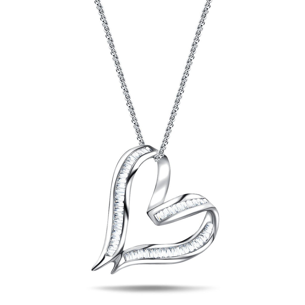 Heart Necklace 0.30ct Baguette Diamond 18K White Gold - All Diamond