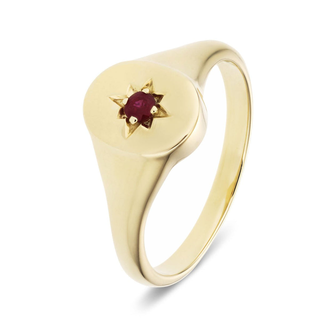 Mens Single Ruby Signet Ring 0.09ct in 9k Yellow Gold - All Diamond