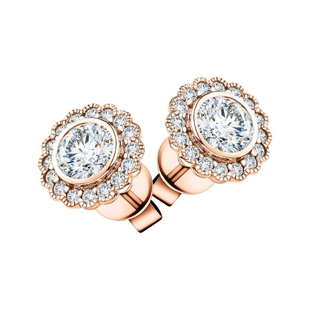 Milgrain Diamond Halo Earrings 1.30ct G/SI Quality in 18k Rose Gold - All Diamond