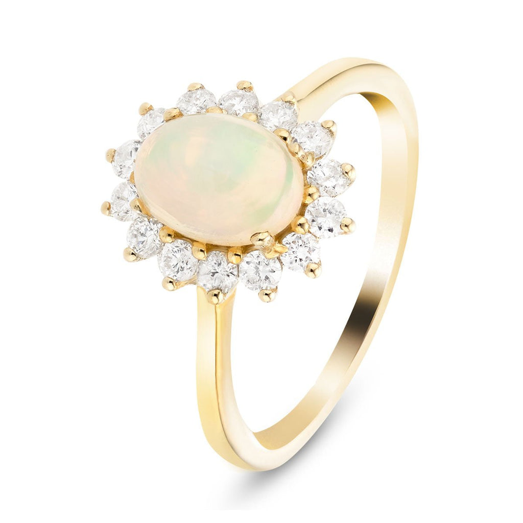 Opal 0.76ct and Diamond 0.42ct Cluster Ring in 9K Yellow Gold - All Diamond