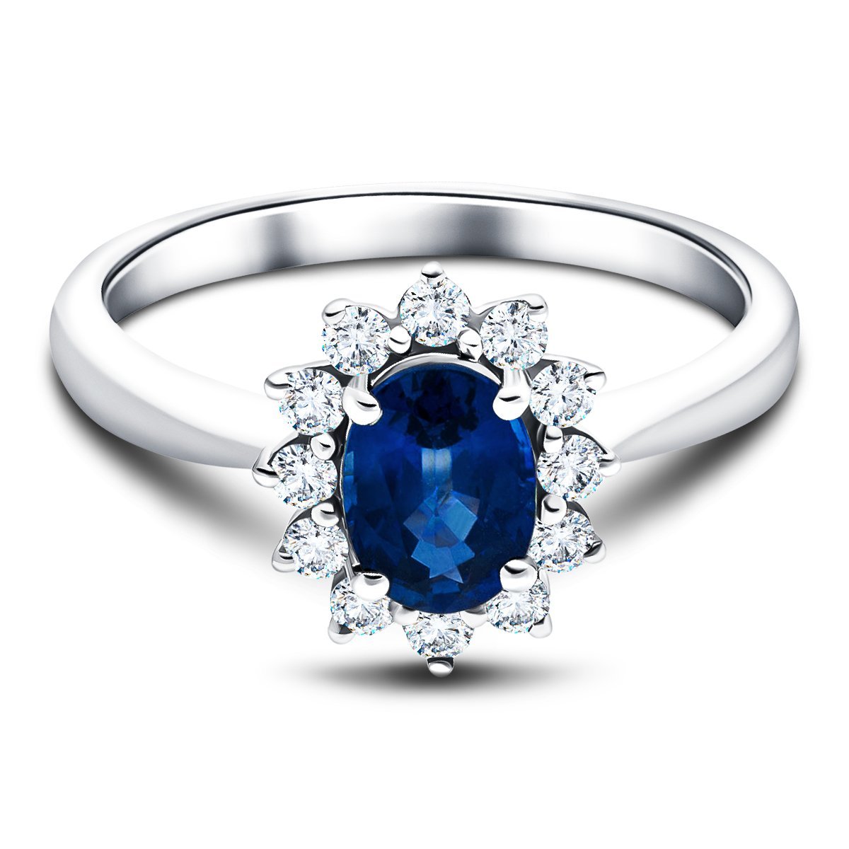 Oval 0.50ct Blue Sapphire 0.20ct Diamond Cluster Ring 18k White Gold - All Diamond