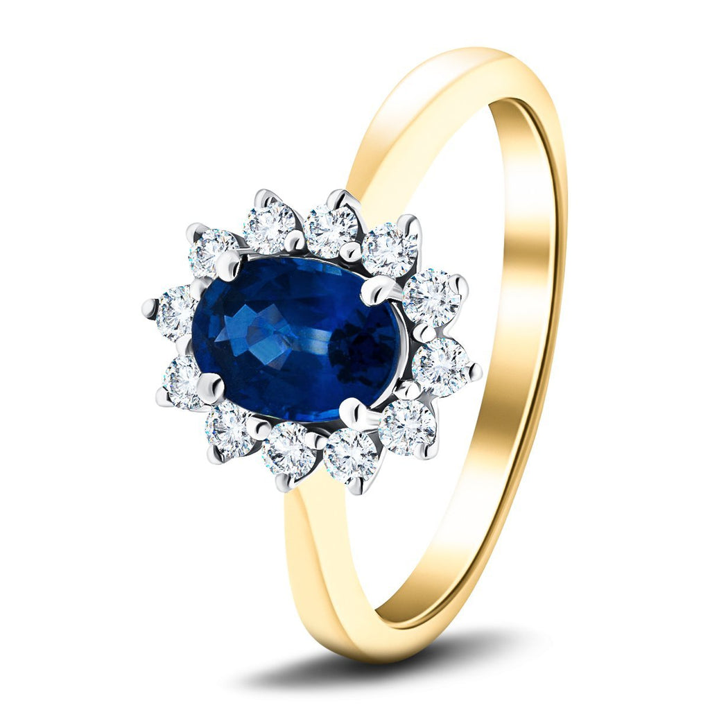 Oval 0.50ct Blue Sapphire 0.20ct Diamond Cluster Ring 18k Yellow Gold - All Diamond