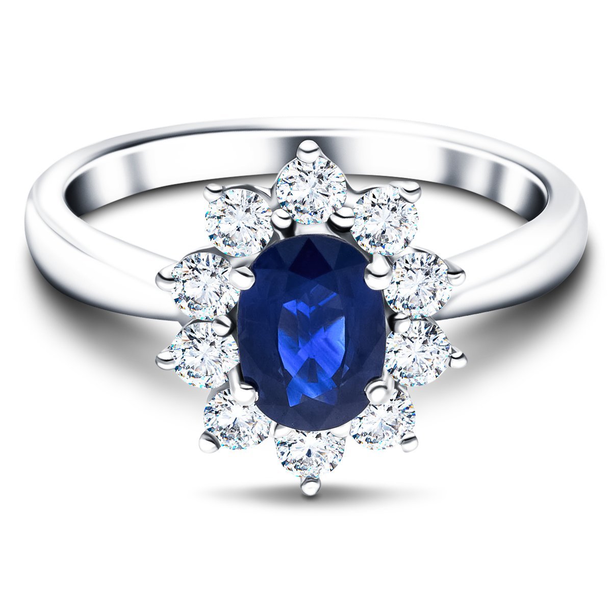 Oval 1.00ct Blue Sapphire 0.60ct Diamond Cluster Ring 18k White Gold - All Diamond