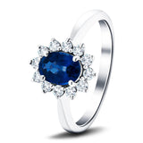 Oval 1.50ct Blue Sapphire 0.50ct Diamond Cluster Ring 18k White Gold - All Diamond