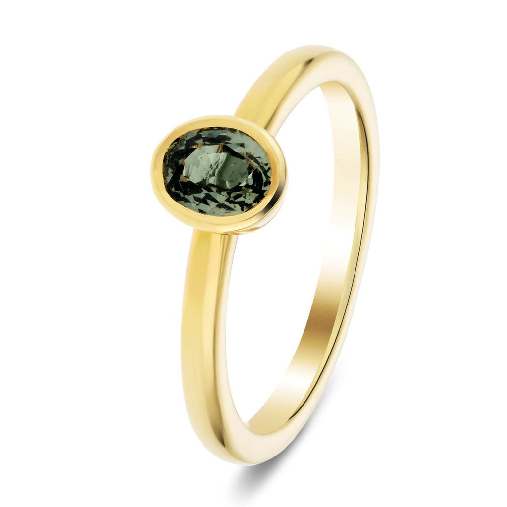 Oval Green Sapphire Rub Over 0.50ct Ring in 18k Yellow Gold - All Diamond
