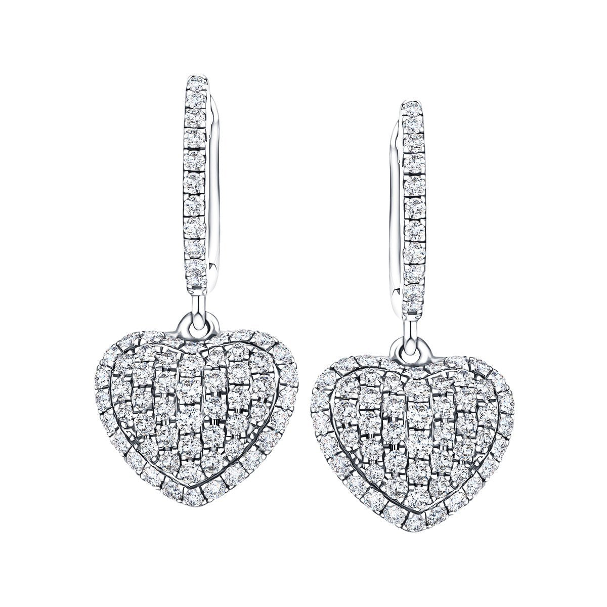 Pave Diamond Drop Heart Earrings 0.90ct G/SI Quality 18k White Gold - All Diamond