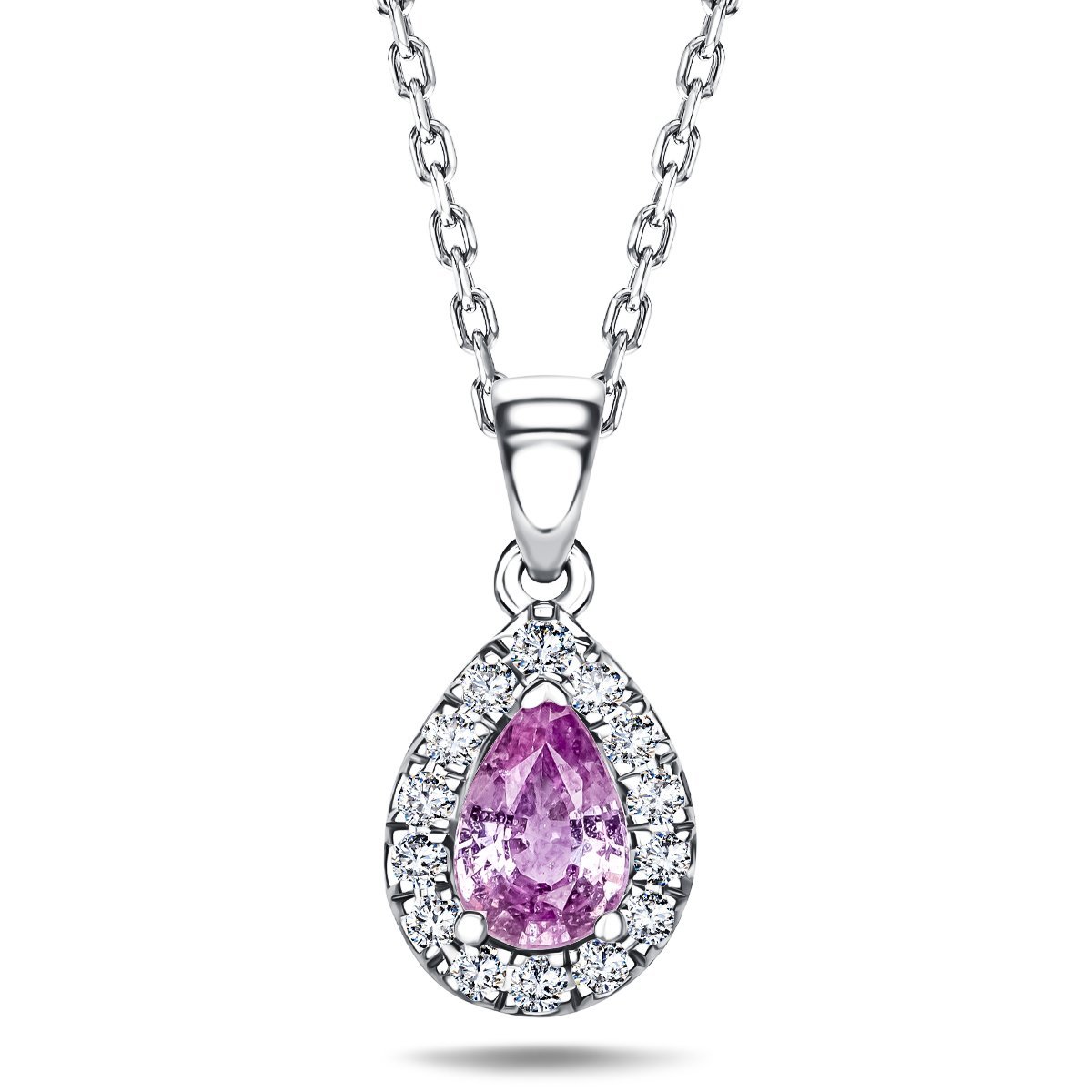 Pear Pink Sapphire & Diamond Pendant Necklace 0.75ct 18k White Gold - All Diamond