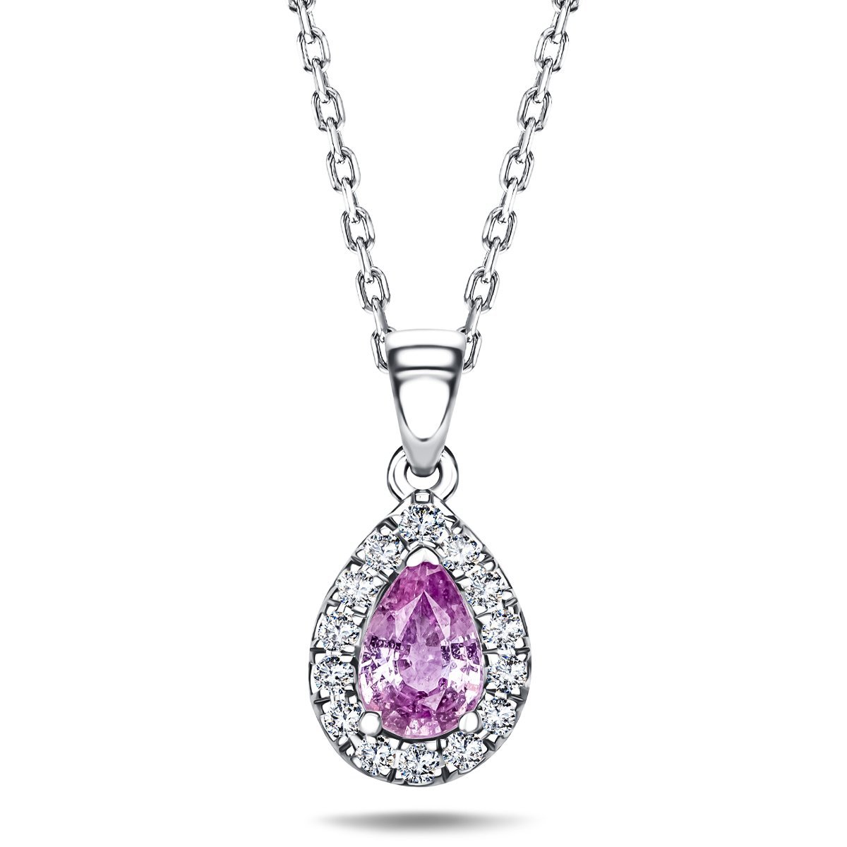 Pear Pink Sapphire & Diamond Pendant Necklace 0.75ct 18k White Gold - All Diamond