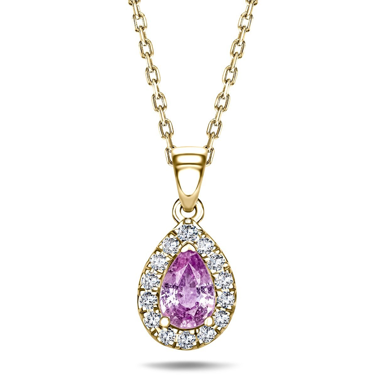 Pear Pink Sapphire & Diamond Pendant Necklace 0.75ct 18k Yellow Gold - All Diamond