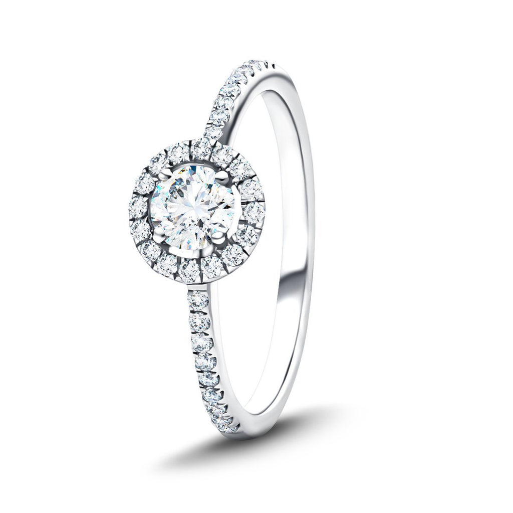 Platinum Halo Engagement Ring with Side Stones 0.90ct in G/SI Quality - All Diamond