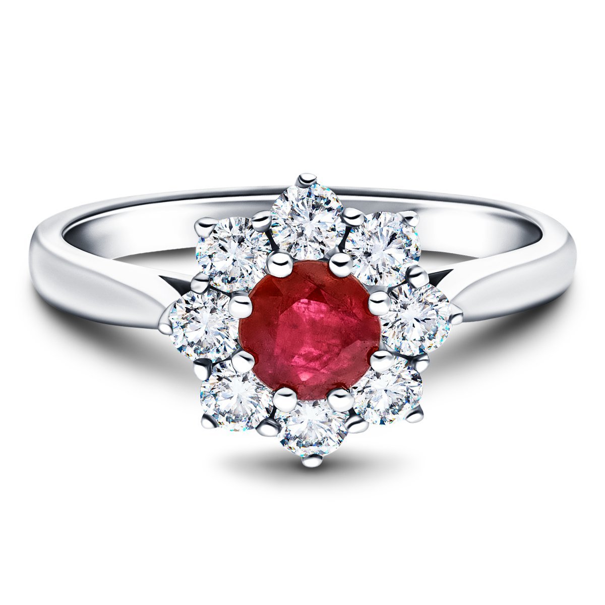 Round 0.40ct Ruby 0.25ct Diamond Cluster Ring 18k White Gold - All Diamond