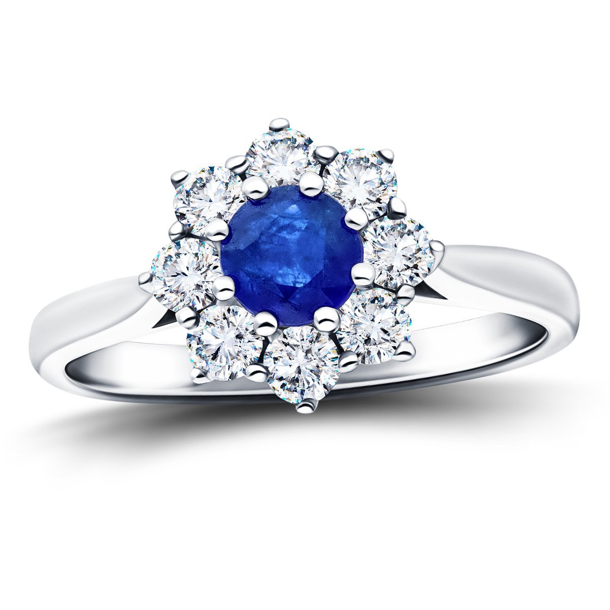 Round 0.45ct Blue Sapphire 0.25ct Diamond Cluster Ring 18k White Gold - All Diamond