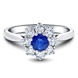 Round 0.45ct Blue Sapphire 0.25ct Diamond Cluster Ring 18k White Gold - All Diamond