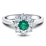 Round 0.50ct Emerald 0.60ct Diamond Cluster Ring 18k White Gold - All Diamond