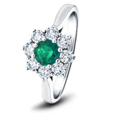 Round 0.50ct Emerald 0.60ct Diamond Cluster Ring 18k White Gold - All Diamond