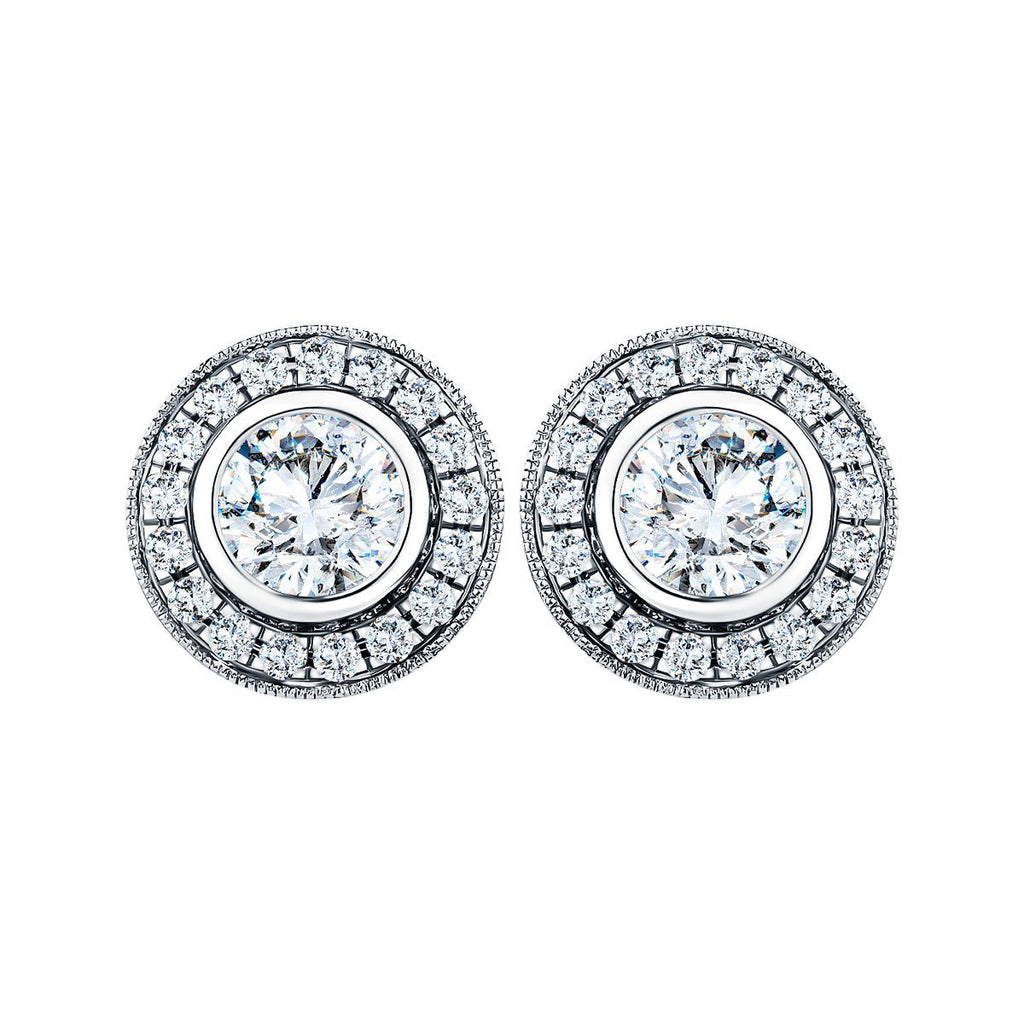 Rub Over Diamond Halo Earrings 1.30ct G/SI Quality in 18k White Gold - All Diamond