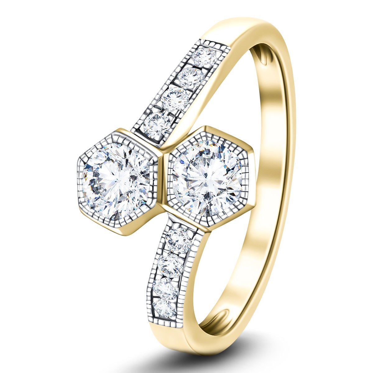 Two Stone Diamond Ring with Side Stones 0.85ct G/SI in 18k Yellow Gold - All Diamond