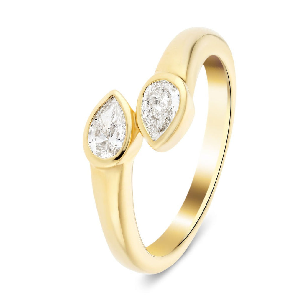 Two Stone Pear Diamond Ring 0.40ct Rub Over in 18k Yellow Gold - All Diamond
