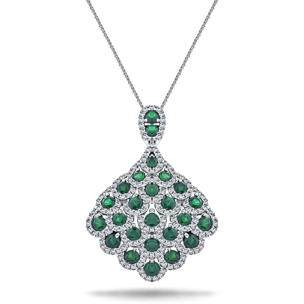 Vintage 2.20ct Emerald & 0.90ct Diamond Drop Necklace White Gold - All Diamond